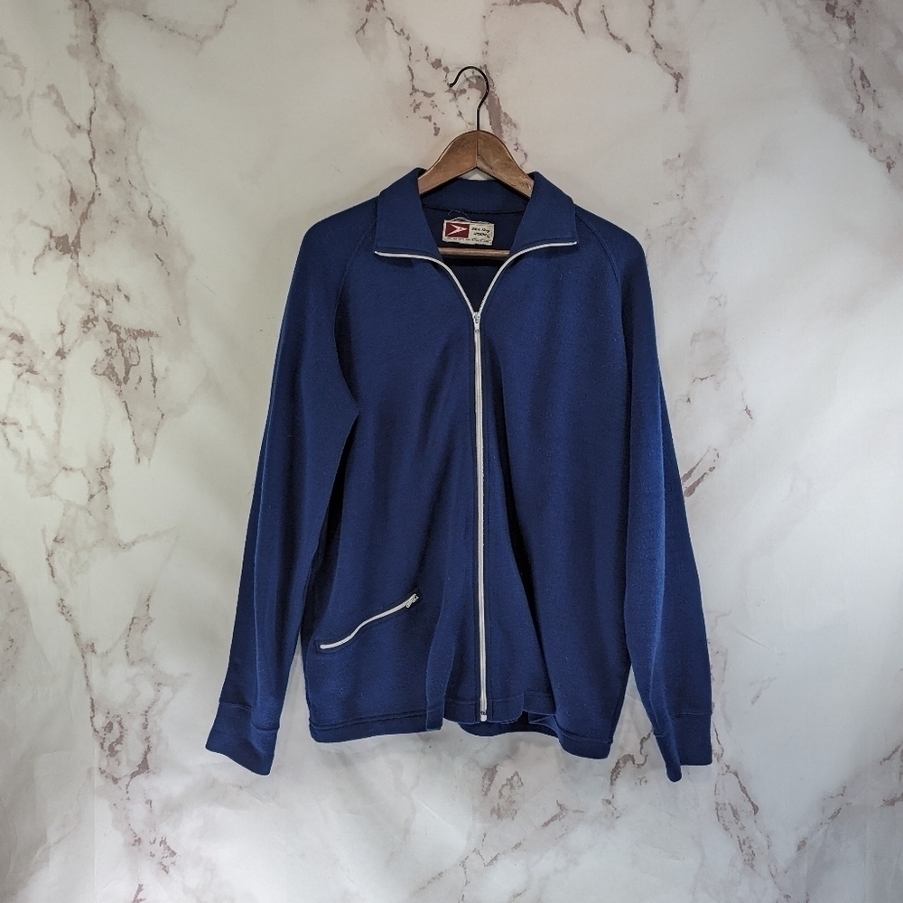 Vintage 70s Track Jacket Mens Large Navy Blue Full Zip Wool White Stag Speedo